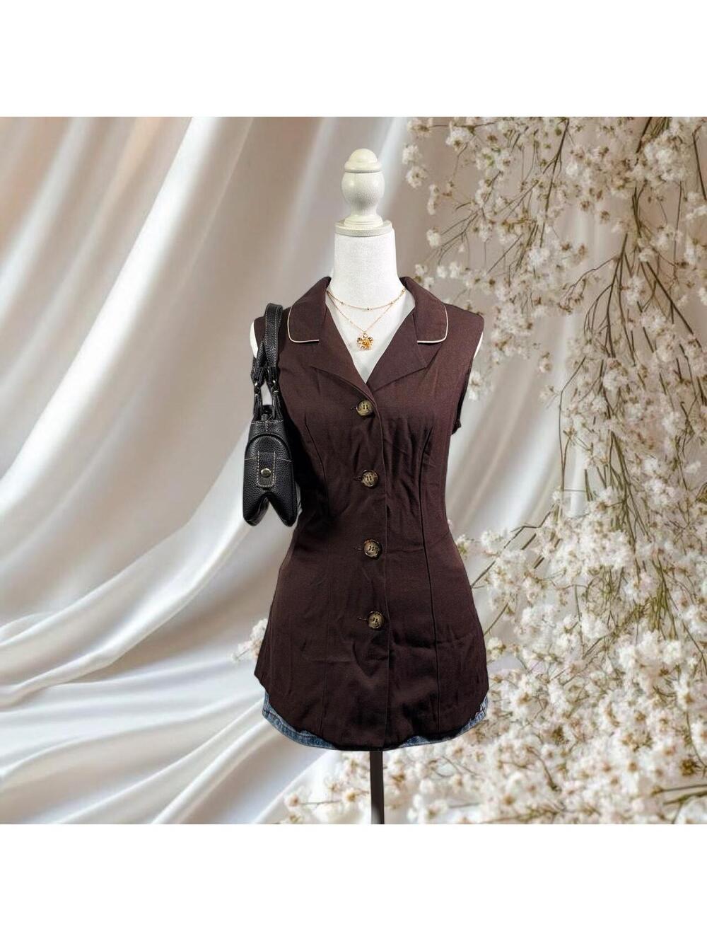 Y2K TIMELESS TICKETS CLOTHING SLEEVELESS TAILORED BUTTON VEST BROWN